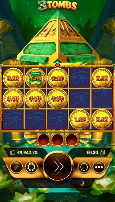 A still from 3 Tombs showing the green pyramid bonus in action, with a new Hold and Win playing grid