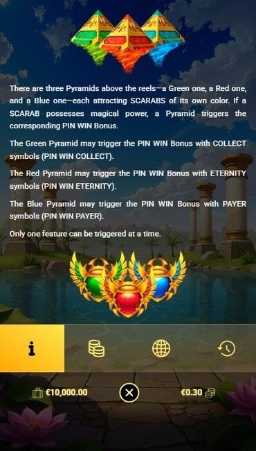 The 3 Tombs paytable explaining its three colored pyramid bonuses, what they do, and how to trigger them.