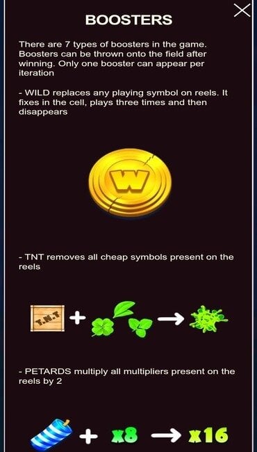 The Bear’s Tricks paytable showing the seven boosters that can appear during the game.