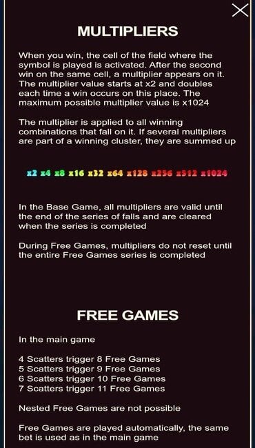 The Bear’s Tricks paytable explaining how multipliers and free games work, and how to trigger them.