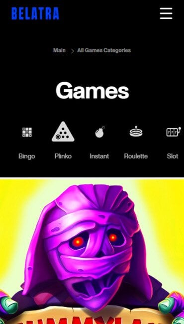 Belatra Games’ game page, with tabs for game types like slots, roulette, etc., above a scrollable interface.
