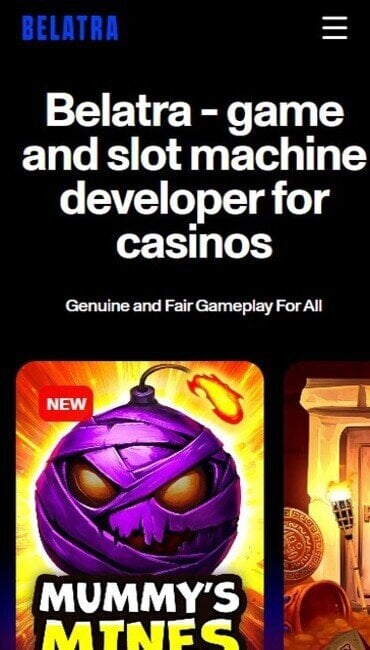 Belatra Games’ homepage with text describing their business and cards teasing new slot releases.