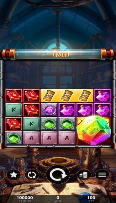A still from Belatra Games’ Make It Gold, a magical slot about using alchemy to transform materials into gold.