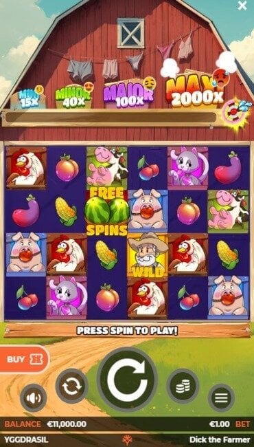 Dick the Farmer’s base game, complete with cartoonish animal and plant symbols against a farm backdrop.
