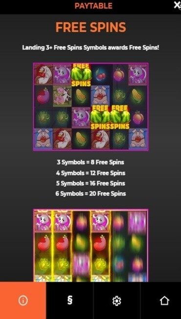 The paytable showing Dick the Farmer’s Free Spins. It shows how to get them and how many spins the player can get.