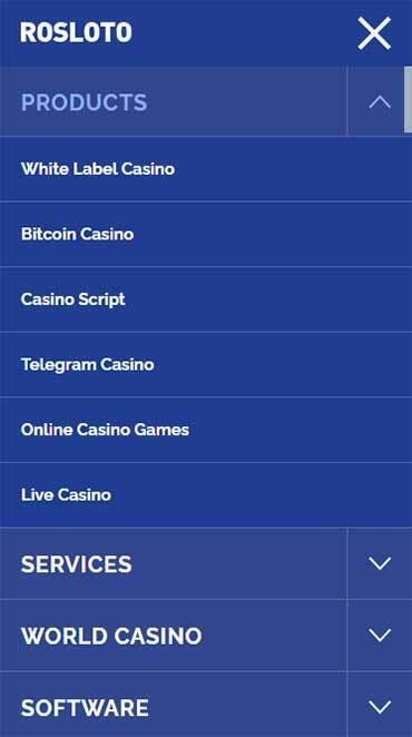 The main menu shows all the different products and services that Rosloto offers