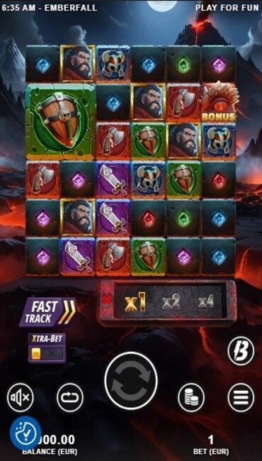 A still from Slotmill’s Emberfall, a fantasy dragon-hunting slot set in the shadow of a fiery volcano.