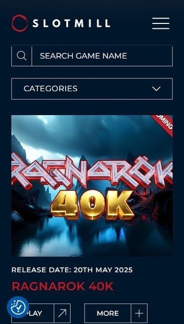 Slotmill’s games page with a search box and new releases positioned at the top of a vertical, scrollable list.