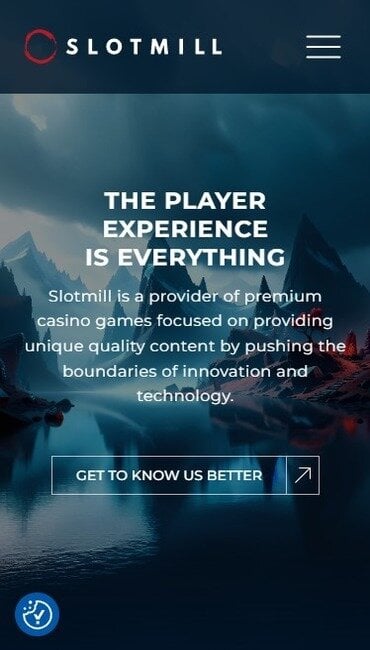Slotmill’s homepage featuring a mountainous Nordic background, with text explaining their pro-player approach to making games.