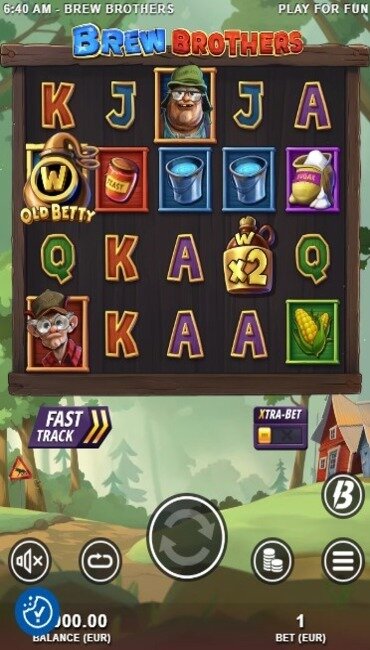 A still from Slotmill’s Brew Brothers, a cartoonish modern slot inspired by American moonshining.