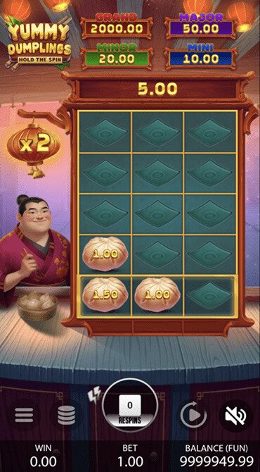 Here is the Bonus Game in action on the reels of Yummy Dumplings: Hold the Win, with three dumpling symbols currently locked onto the reel grid at the end of my three respins.