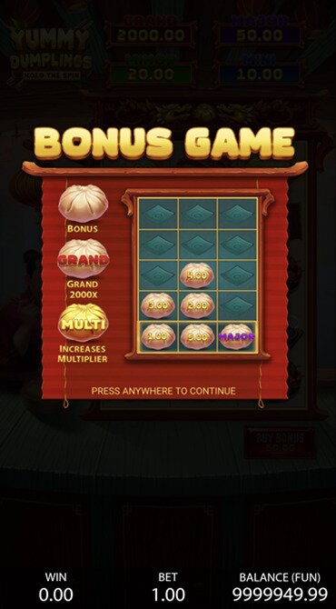 Check out the intro screen of Yummy Dumplings’ Bonus Game, explaining how the bonus and jackpot symbols work.