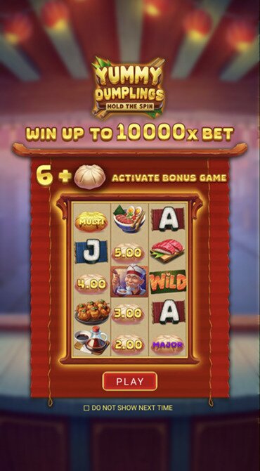 Get a glimpse of the 3x5 reel grid, how to trigger the Bonus Game, and the max win in the Yummy Dumplings intro screen.