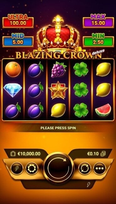A still from Amigo Gaming’s Blazing Crown Deluxe, a classic slot that uses traditional fruit and diamond symbols on its reels.