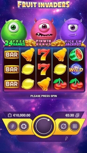 A still from Amigo Gaming’s Fruit Invaders, a cartoon sci-fi slot that uses classic slot machine symbols like lucky sevens and fruit.