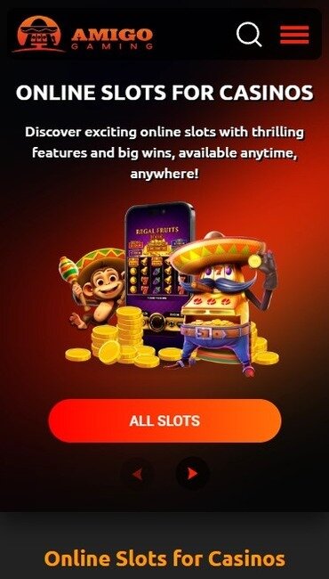 Amigo Gaming’s homepage with text explaining that they provide online slot games for casinos.