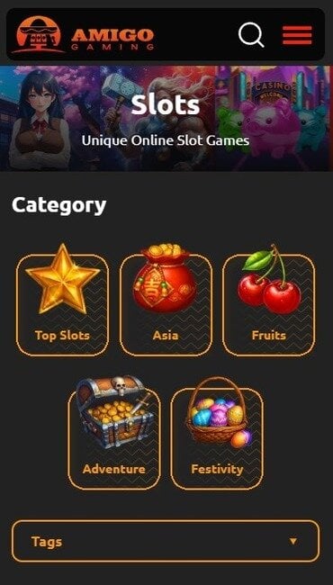 Amigo Gaming’s slots page showing their games filtered by popularity and theme/setting.