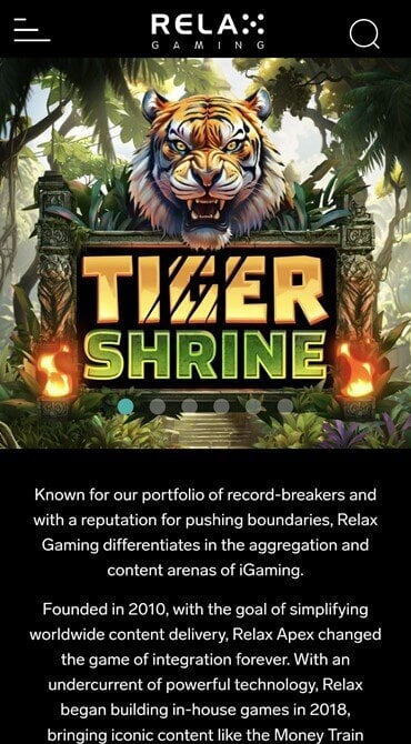 The Relax Gaming homepage explains the rise to stardom of Relax Gaming's studio.