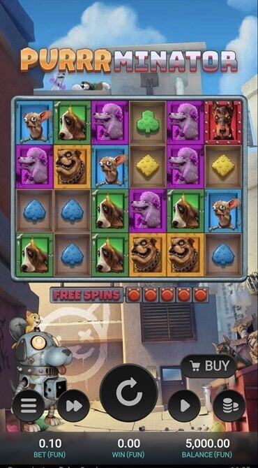 This is the reel grid for the feline-themed Purrrminator slot with a playful six-reel game.