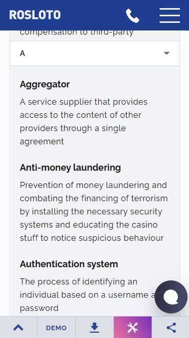 The aggregator company Rosloto features a gambling glossary on their website