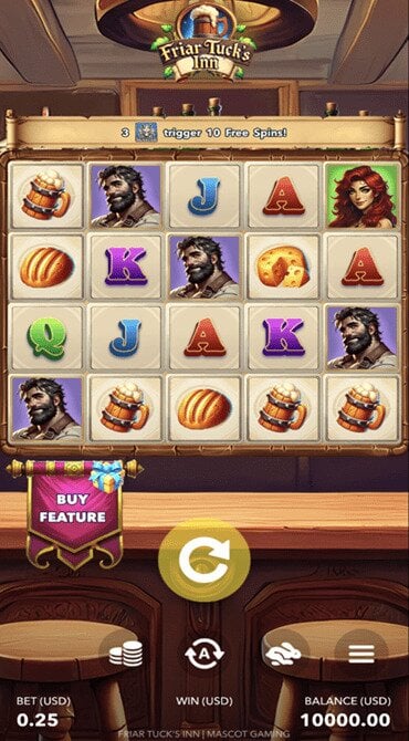Explore the 5x4 reel grid and the backdrop of Friar Tuck’s tavern during base game spins.