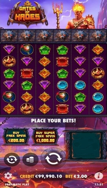The Gates of Hades base game where gems are set against a dark stone background in a fiery, hellish Greek myth landscape.
