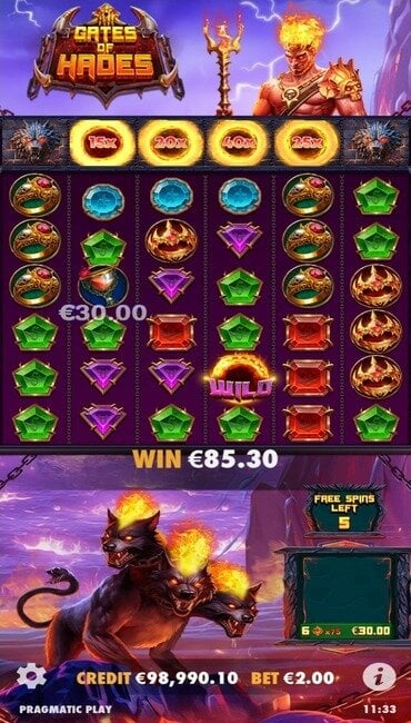A still from Gates of Hades showing the wild reel multipliers in action during free spins, with a spin counter tracking how many spins are left.