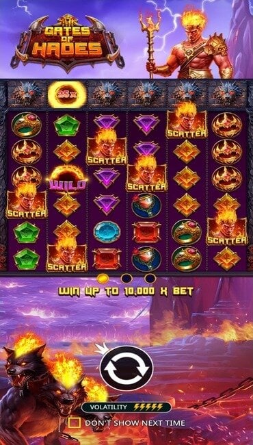 The intro to Gates of Hades by Pragmatic Play, where its max win and other features flash up on the screen.