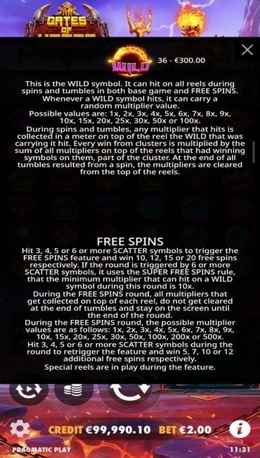 The Gates of Hades paytable explaining how its wilds and free spins work, and what multipliers players can expect.