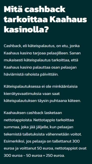 Cashback-ohjelman ehtoja läpikäyvä sivu