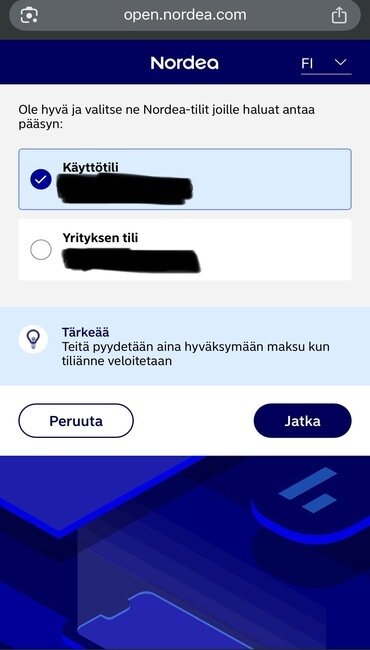 Valitse pankkitileistäsi se, jonka kautta Viljo talletus tapahtuu.