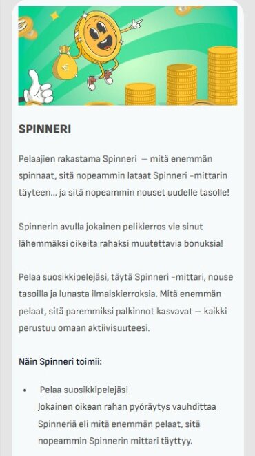 Sivu, joka kertoo tarkemmin Spinnaus Kasinon Spinneri-ohjelman toiminnasta