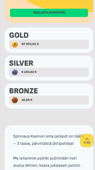 Spinnauksen sivu, joka esittelee heidän Spinnaus Jackpot -kampanjansa