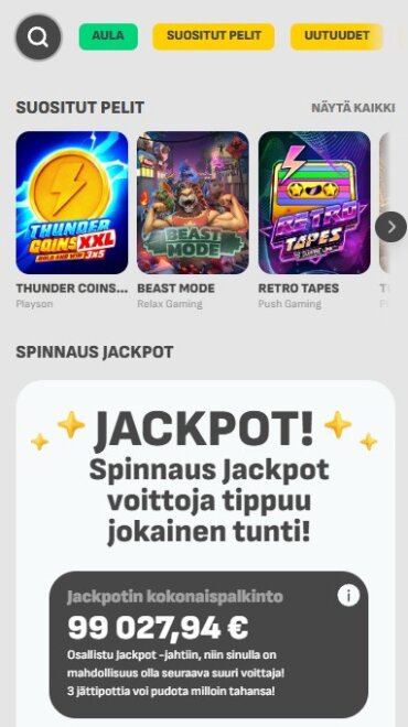 Tältä näyttää Spinnauksen kasinopelien aula