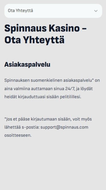 Sivu, jolla kerrotaan Spinnaus-netticasinon asiakaspalvelusta