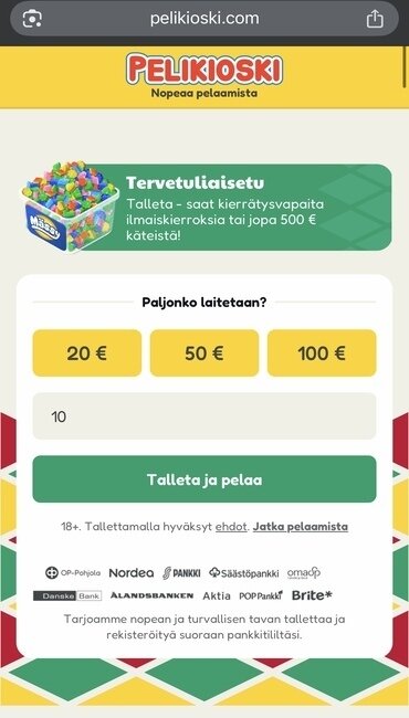 Talletussumman valitseminen picture: Pelikioski-nimisen Viljo kasinon etusivu, jossa pääset valitsemaan talletettavan summan.