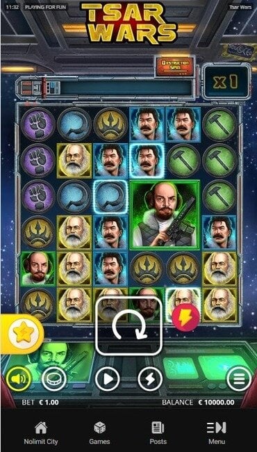 The Tsar Wars base game, from the perspective of a spaceship cockpit with space visible behind the reels.