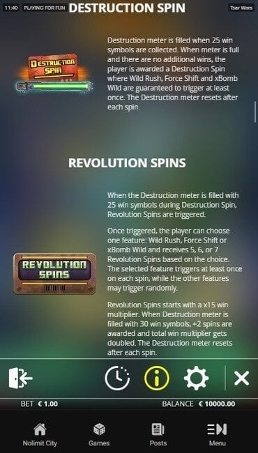 The Tsar Wars paytable explaining two of its three bonus spin modes.