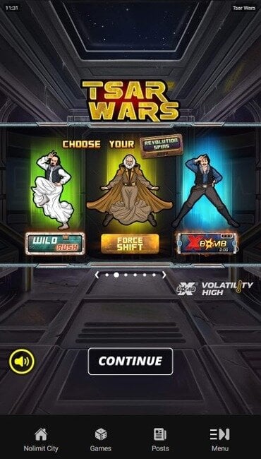 The intro to Tsar Wars by Nolimit City, showing its three characters and the bonuses that correspond to them.