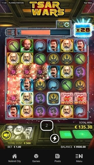 A still from Tsar Wars showing the third tier of free spins, with each characters’ bonus exploding on the reels.