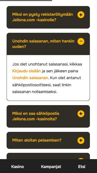 Tässä näkyy osa Jellona Casinon UKK-osiosta