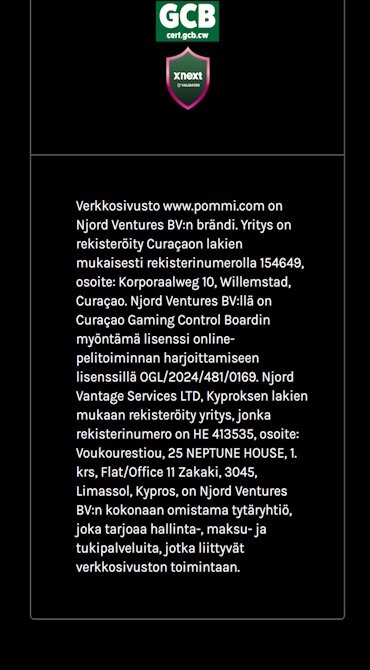 Kuvassa näkyy teksti, joka kertoo sivuston tarvittavat lisenssitiedot. Omistavan yrityksen , lisenssin numeron sekä lisenssin myöntäjän.