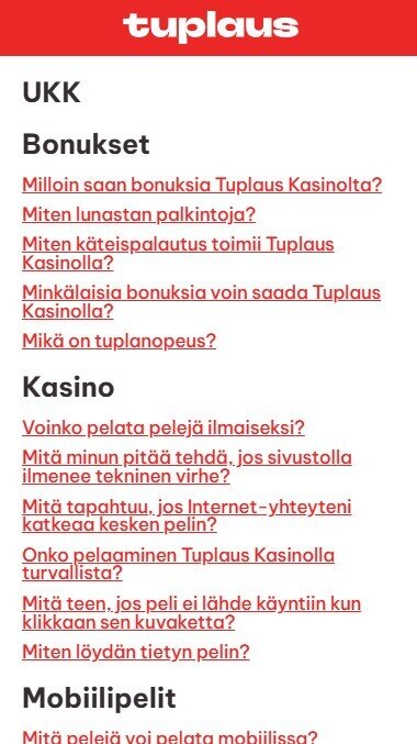 Tuplauksen usein kysyttyjen kysymysten osio