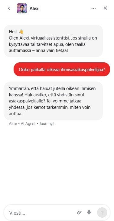 Tältä näyttää keskustelu Tuplauksen asiakaspalvelun kanssa chatissa