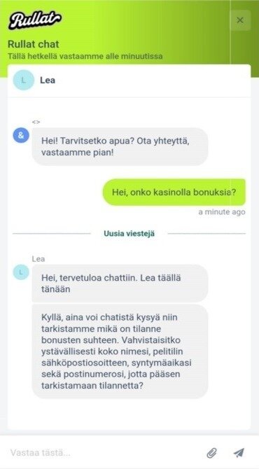 Rullat Kasinon asiakaspalvelu-chat. Kuvassa keskustelua.