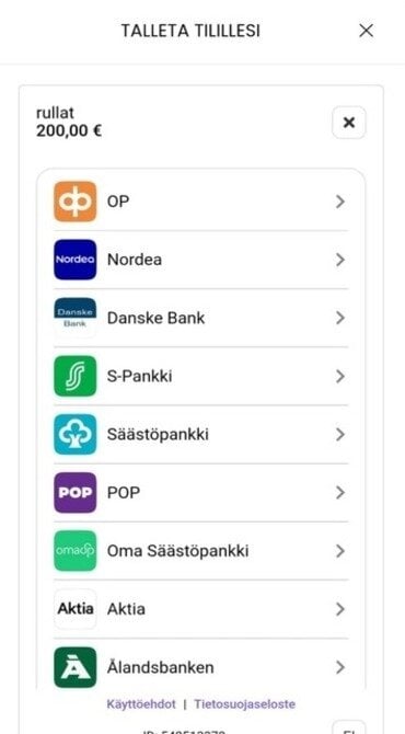 Rullat Casinon talletussivu. Näkyvissä saatavilla olevat pankit.