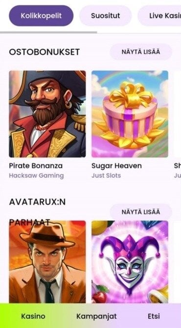 kuvakaappaus Rullat Casinon Pelit-osiosta. Näkyvissä joitakin pelejä.
