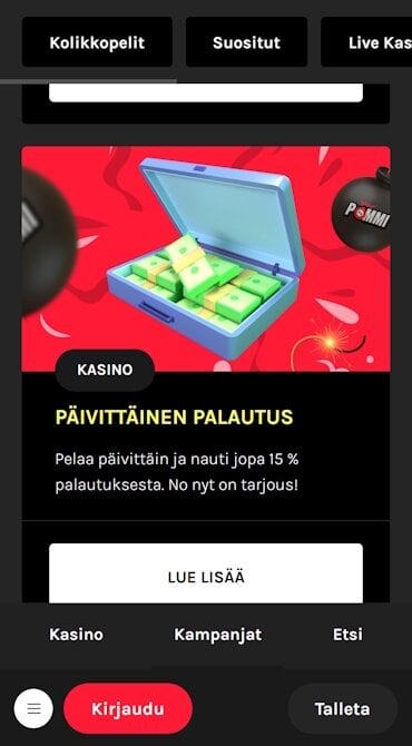 Kuvassa näkyy rahasalkku, ja tekstinä 15 % päivittäinen käteispalautusrajous.