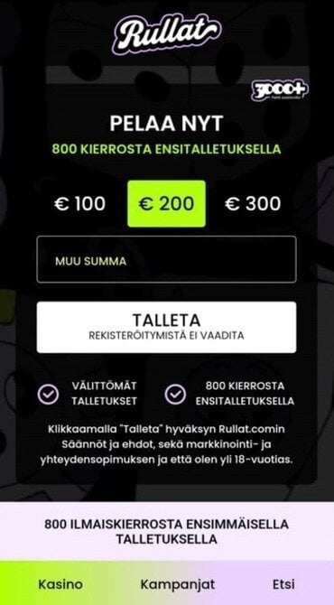 kuvakaappaus Rullat Casinon talletussivusta. Kuvassa näkyy käytettävät painikkeet.