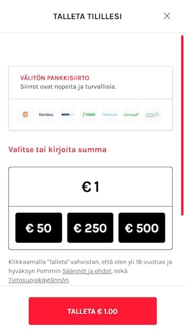 Talleta tilillesi välittömän pankkisiirron kautta. Kuvassa näkyy hyväksytyt pankit, sekä valittu rahasumma.